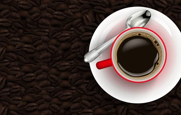 Ilustración Vectorial Taza Roja Café Granos Café Fondo — Vector de stock