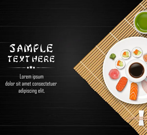 Ilustração Vetorial Sushi Comida Japonesa Sobre Fundo Mesa Madeira Escura —  Vetores de Stock