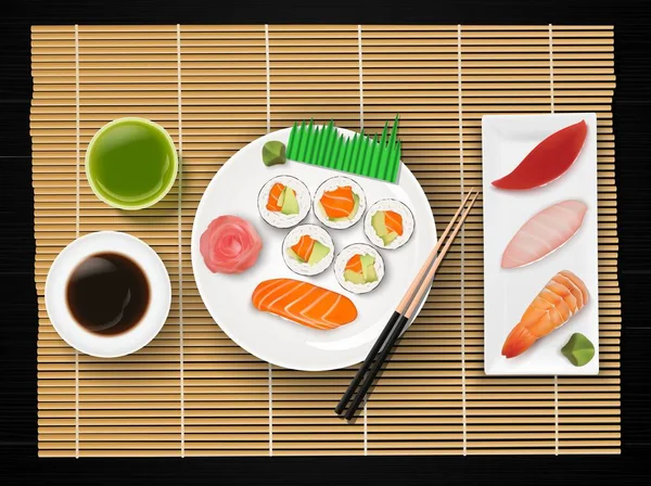 Εικονογράφηση Διάνυσμα Σούσι Ιαπωνική Τροφίμων Φόντο Ξύλινο Τραπέζι — Διανυσματικό Αρχείο