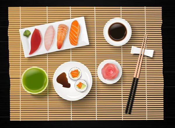 Ilustración Vectorial Sushi Comida Japonesa Sobre Fondo Mesa Madera — Vector de stock