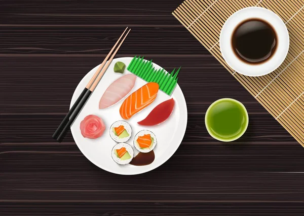Vektorillustration Von Sushi Japanischem Essen Auf Hölzernem Tischhintergrund — Stockvektor