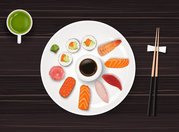 Ilustração Vetorial Sushi Comida Japonesa Sobre Fundo Mesa Madeira Escura — Vetor de Stock
