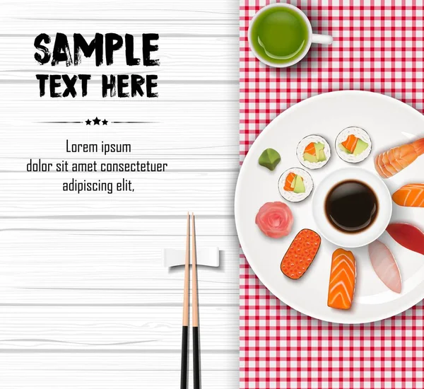 Vektoros Illusztráció Sushi Japán Étel Fából Készült Asztal Háttér — Stock Vector