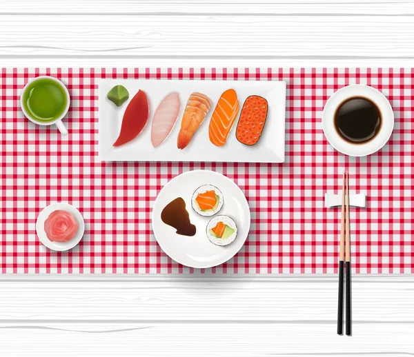 Vektoros Illusztráció Sushi Japán Étel Fából Készült Asztal Háttér — Stock Vector