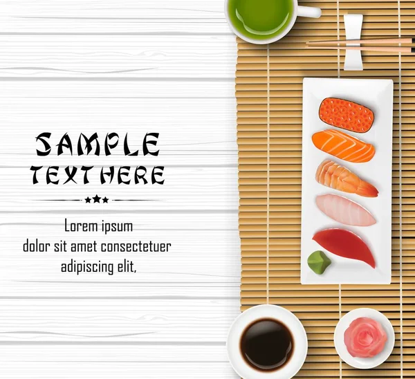 Vektorillustration Von Sushi Japanischem Essen Auf Hölzernem Tischhintergrund — Stockvektor