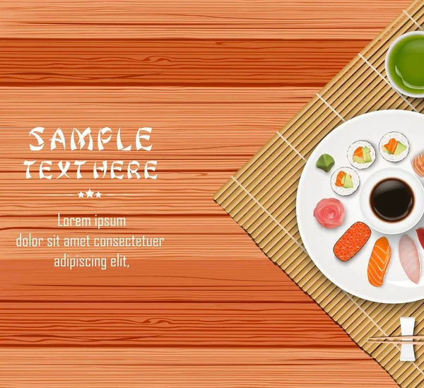 Ilustración Vectorial Sushi Comida Japonesa Sobre Fondo Mesa Madera — Vector de stock