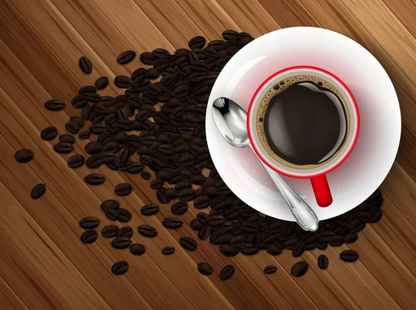 Vektorové Ilustrace Šálek Kávy Texturu Dřeva Kávová Zrna — Stockový vektor