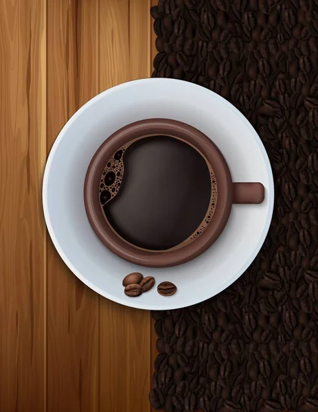 Illustrazione Vettoriale Della Tazza Caffè Con Texture Legno Sfondo Chicchi — Vettoriale Stock