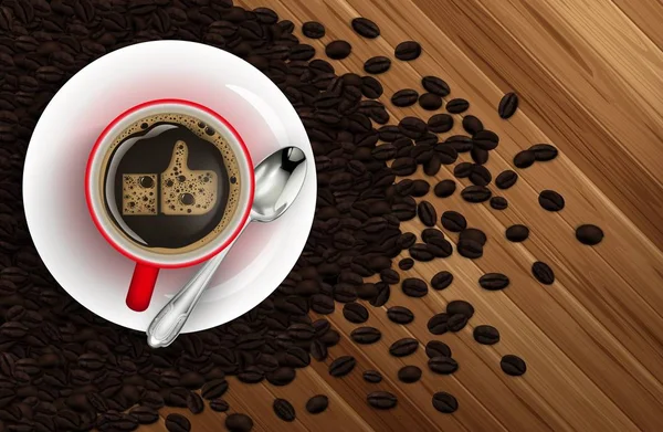 Ilustración Vectorial Taza Café Con Textura Madera Granos Café — Vector de stock