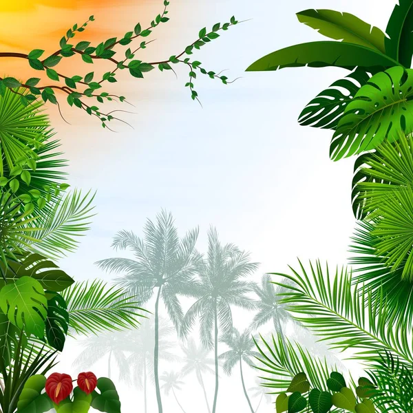 Vektorillustration Der Tropischen Landschaft Mit Palmen Und Blättern — Stockvektor
