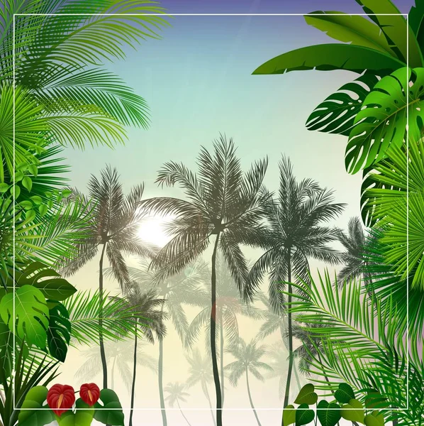 Vector Illustration Tropical Morning Landscape Palm Trees Leaves — Stock Vector