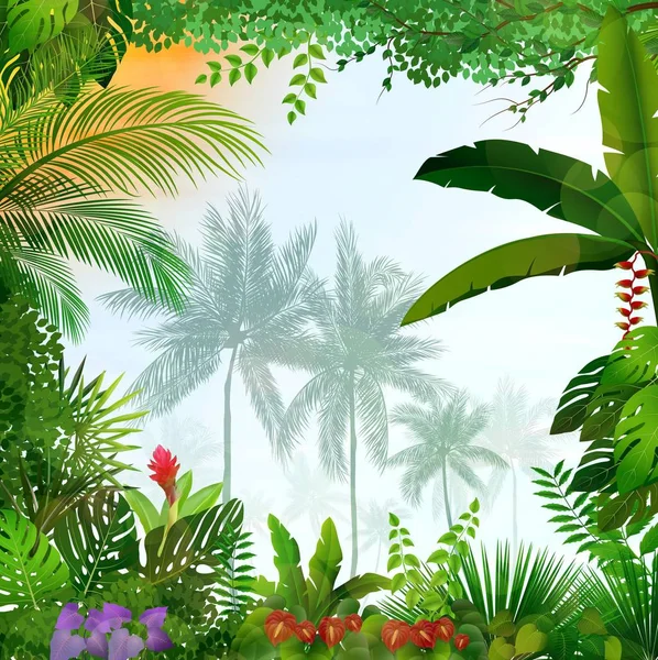 Illustration Vectorielle Paysage Tropical Avec Palmiers Feuilles — Image vectorielle