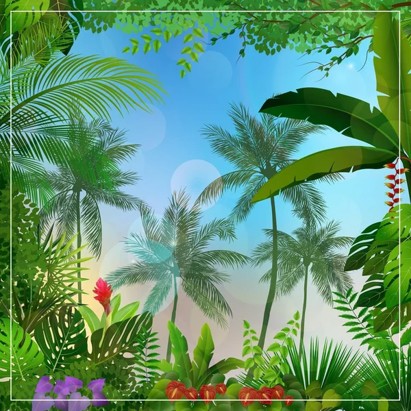 Illustration Vectorielle Paysage Tropical Matin Avec Palmiers Feuilles — Image vectorielle