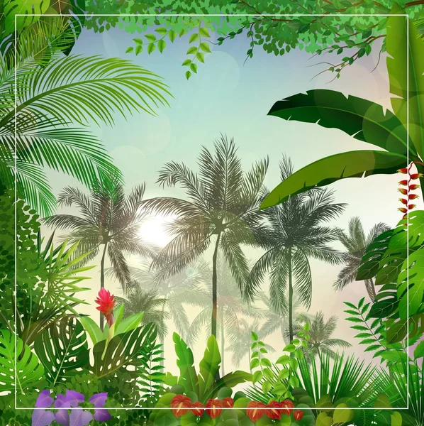 Векторная Иллюстрация Тропического Утреннего Пейзажа Пальмами Листьями — стоковый вектор