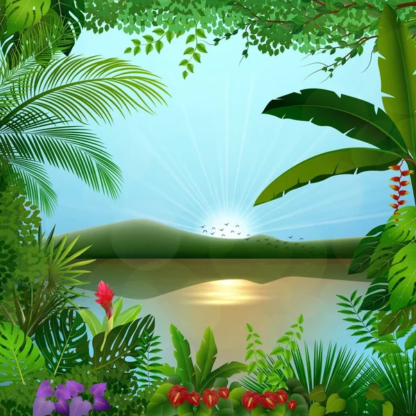 Ilustración Vectorial Del Paisaje Selva Tropical Con Río Montañas — Vector de stock