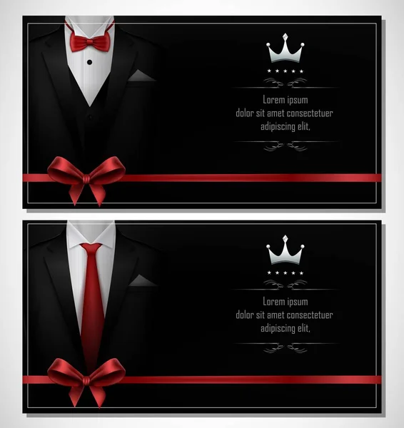 Ilustración Vectorial Conjunto Plantillas Tarjetas Visita Esmoquin Negro Con Trajes — Vector de stock