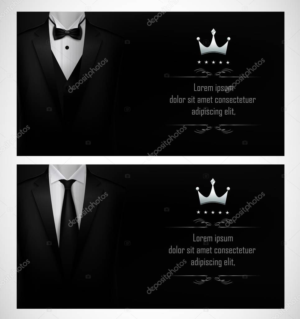 Vector illustration of Set of Black tuxedo business card templates with men's suits and place for text