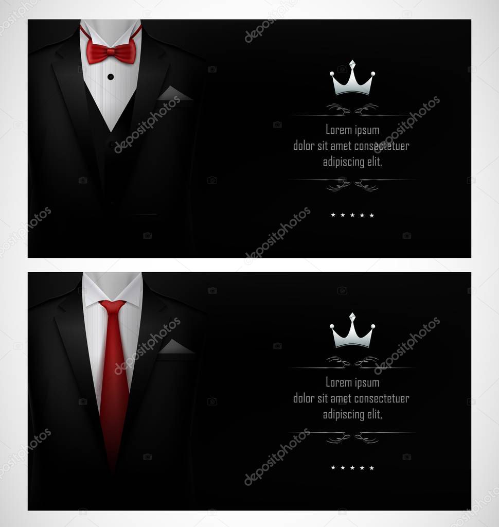 Vector illustration of Set of black tuxedo business card templates with men's suits and red tie