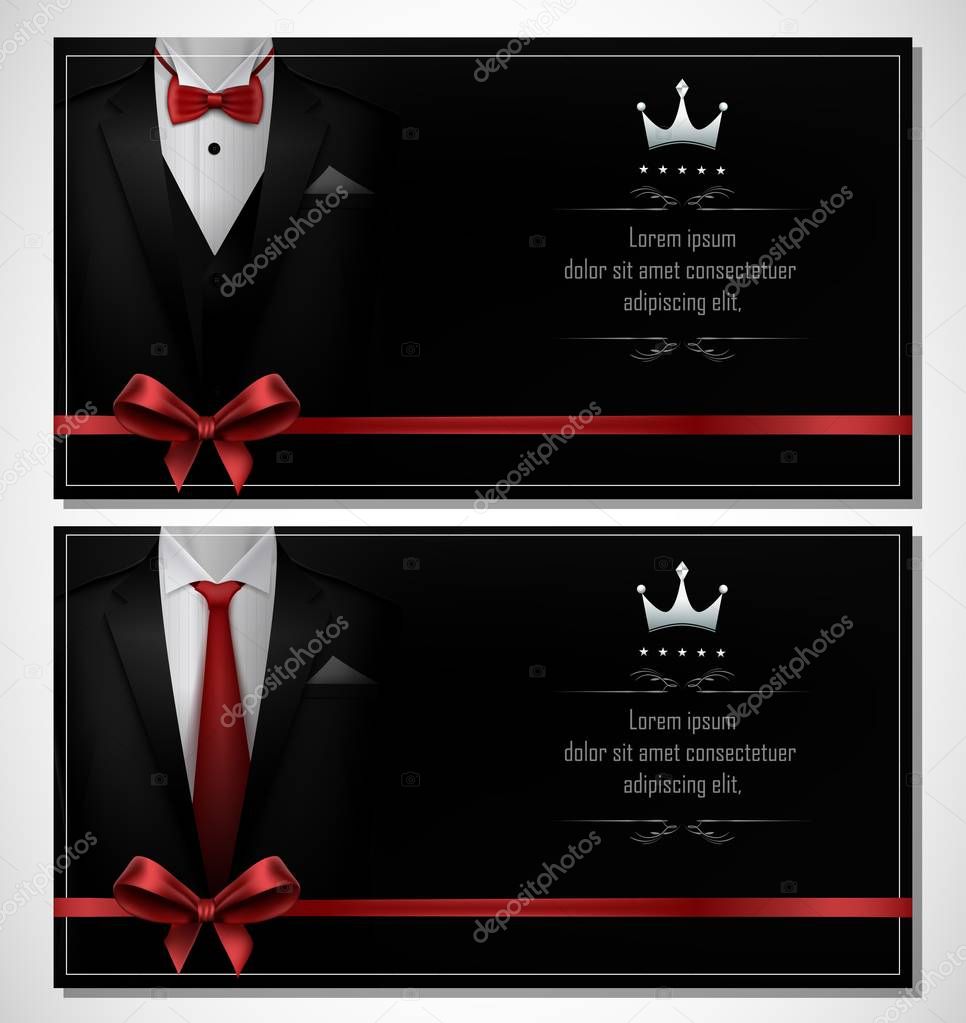 Vector illustration of Set of black tuxedo business card templates with men's suits and red tie