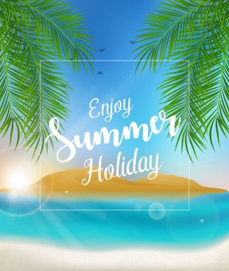 Vektör, illüstrasyon keyfini yaz tatil poster plajda palmiye ağaçları ile