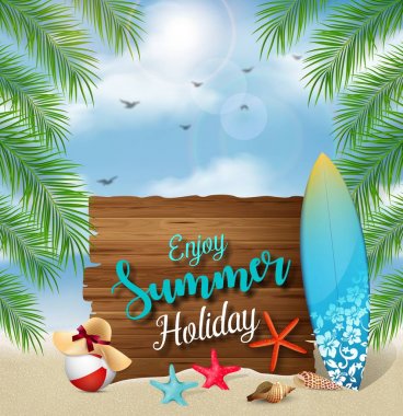 Enjoy yaz vektör çizim banner tasarımı metin ve plaj öğeleri için ahşap bir işareti ile tatil