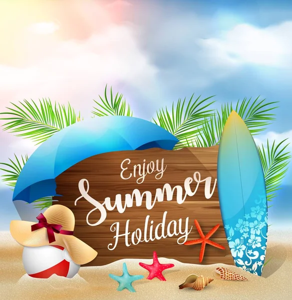 Enjoy yaz vektör çizim banner tasarımı metin ve plaj öğeleri için ahşap bir işareti ile tatil
