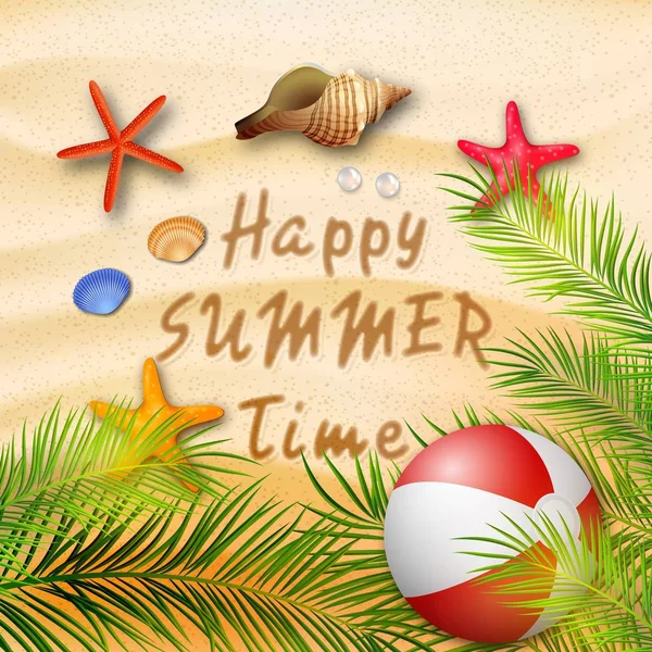 ベクトル図 Fsummer 休日ビーチ ヒトデ サンゴ ボール ヤシの木と背景 — ストックベクタ