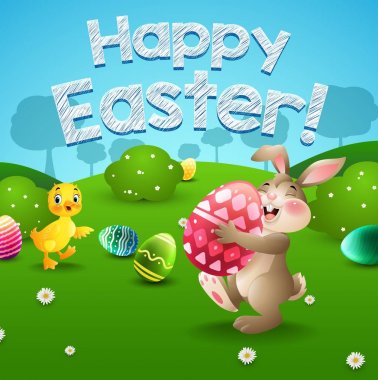 Paskalya tavşanı ve alandaki küçük ördek yumurta vektör çizimi