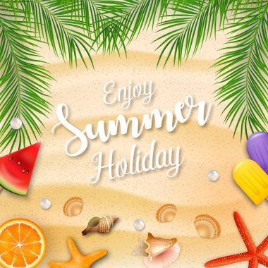 Enjoy yaz tatil arka plan palmiye ağaçları ve plaj öğeleri ile vektör çizim