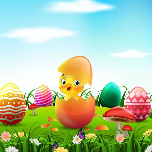 Vectorillustratie Van Schattige Pasen Eendje Gebroken Easter Egg — Stockvector