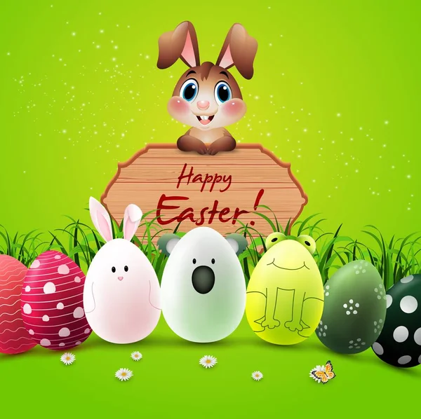 Conejo Pascua Con Lindos Huevos Pascua Letrero Madera Sobre Fondo — Vector de stock