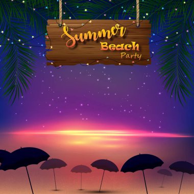 Yaz plaj partisi vektör Illustration. Tropikal palmiye ağaçları ile ahşap bir işaret ve sahilde birçok şemsiye