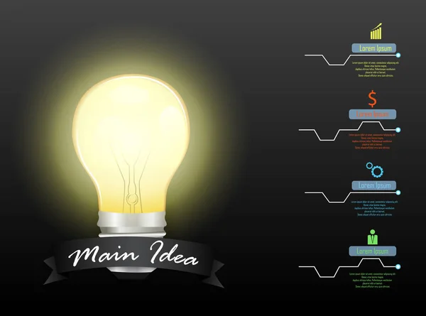 Ilustración Vectorial Del Concepto Idea Principal Con Opciones Pasos Bombilla — Vector de stock