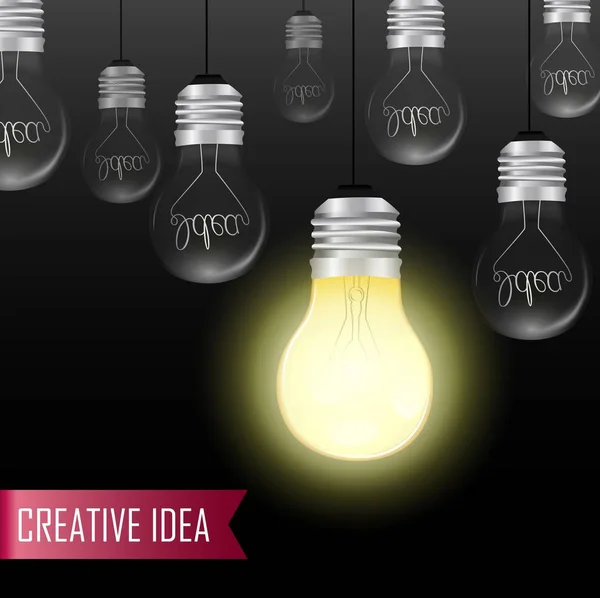 Vektorillustration Kreativa Lampa Idé Koncept Hängande Lampor Med Glödande Svart — Stock vektor