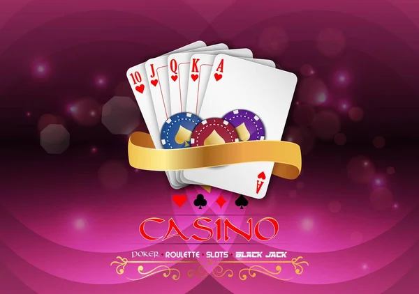 Poker Casino Gambling Set Chips Royal Flush Ribbon Purple Light — Stock Vector