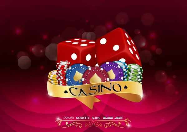 Casino Colorful Chips Red Dice Golden Ribbon Red Background — Stock Vector