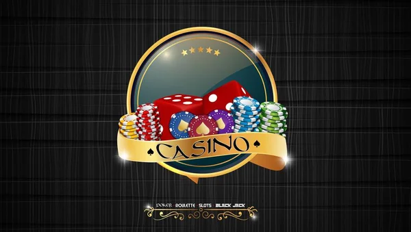 Casino Colorful Chips Red Dice Golden Ribbon Dark Background — Stock Vector