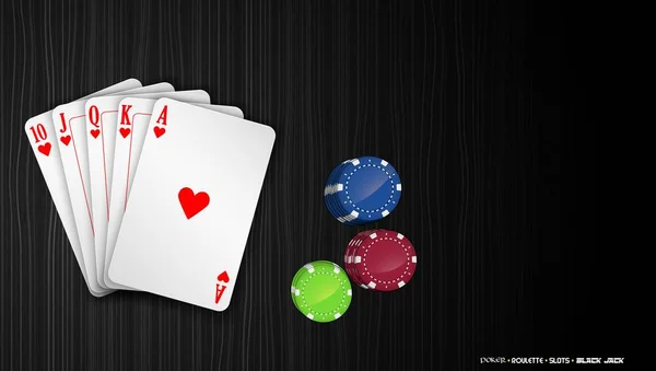 Tarjetas Poker Con Fichas Colores Sobre Fondo Oscuro — Archivo Imágenes Vectoriales