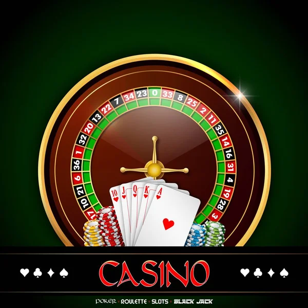 Casino Roulette Chips Playing Cards Green Background — Stock Vector