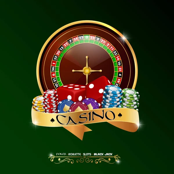 Casino Roulette Wheel Chips Red Dice Isolated Green Background — Stock Vector