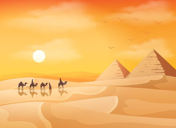Camel caravan in wild Africa pyramids landscape at sunset background