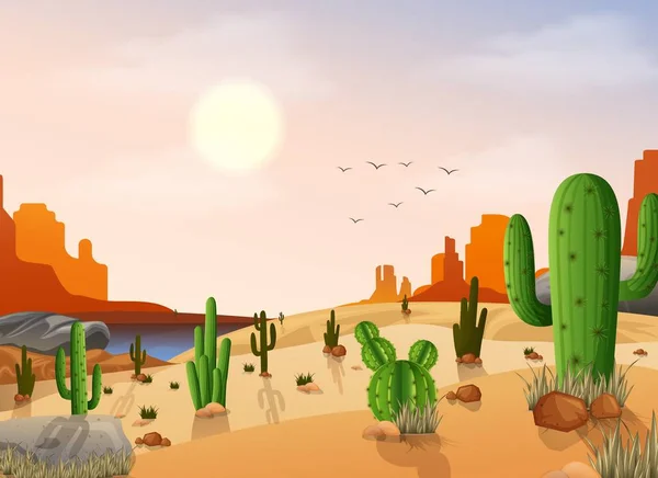 Έρημο Τοπίο Κάκτο Στο Φόντο Ηλιοβασίλεμα — Διανυσματικό Αρχείο