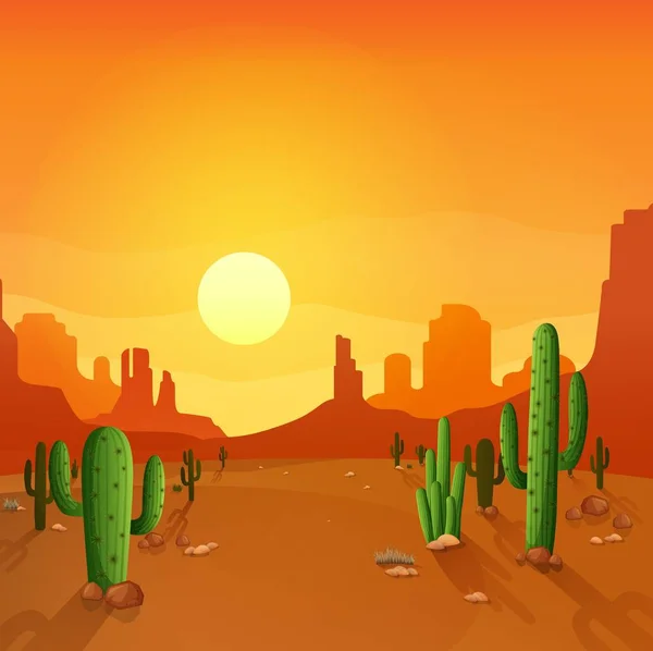 Paysage Désertique Avec Des Cactus Sur Fond Coucher Soleil — Image vectorielle