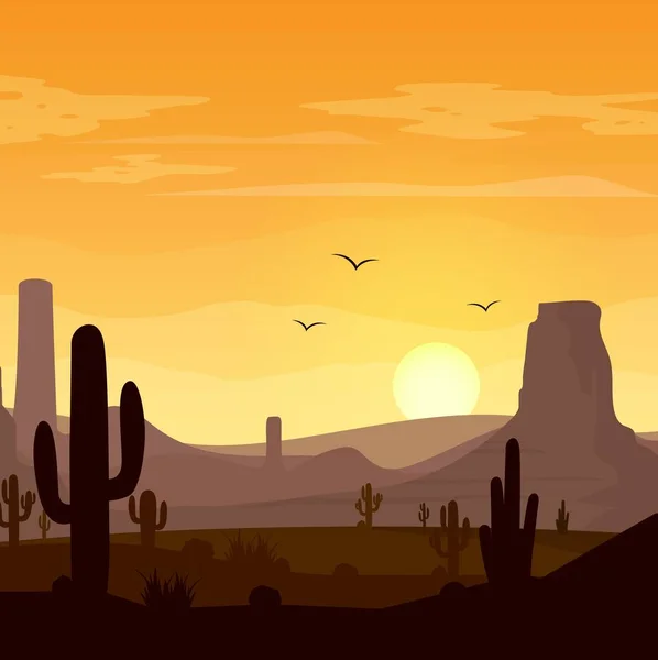 Aavikko Maisema Kaktukset Auringonlaskun Taustalla — vektorikuva