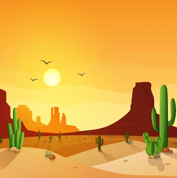砂漠のサボテンの風景 夕日を背景に — ストックベクタ