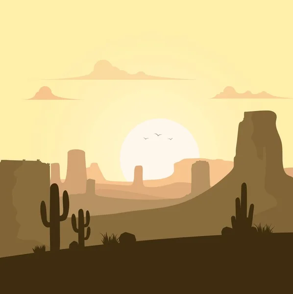 Woestijn Landschap Met Cactussen Zonsondergang Achtergrond — Stockvector