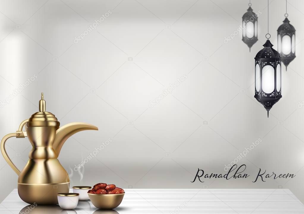 Vector illustration of Ramadan Kareem background. Iftar party celebration with traditional arabic dishes and islamic lantern