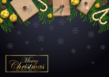 Köknar ağacı dalları ve dekorasyonlarıyla Noel arkaplanının vektör çizimi