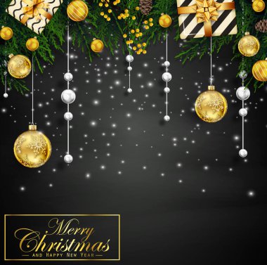 Köknar ağacı dalları ve dekorasyonlarıyla Noel arkaplanının vektör çizimi