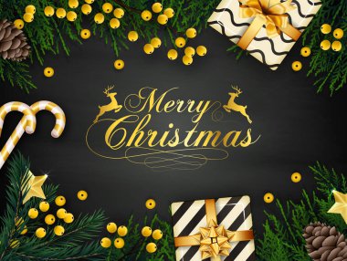 Köknar ağacı dalları ve dekorasyonlarıyla Noel arkaplanının vektör çizimi